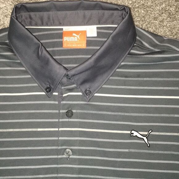 Puma dry cell button down collar Gray stripe Golf Polo shirt M mens slim fit - Picture 1 of 6